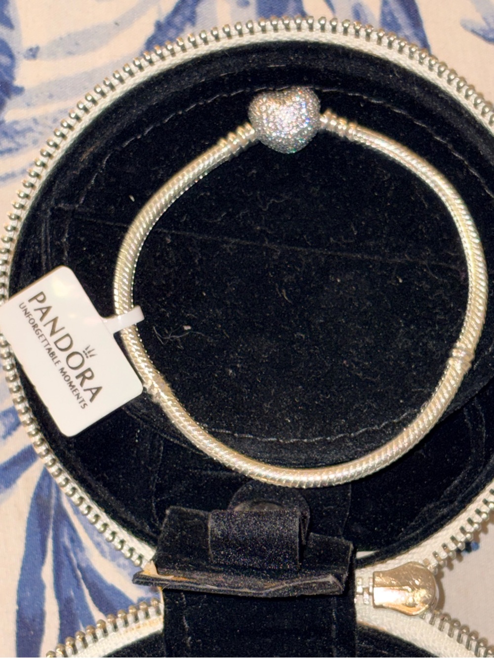 Pandora Silver Heart Clasp Snake Chain Bracelet with Pavé Sparkle BNEW